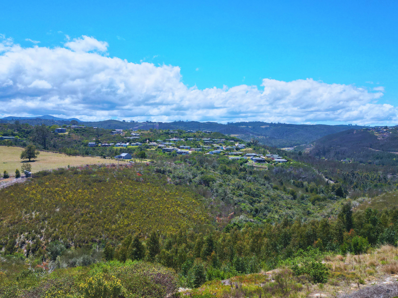 A scenic elevated view overlooking a lush valley, rolling hills, and a distant residential neighborhood under a clear blue sky.