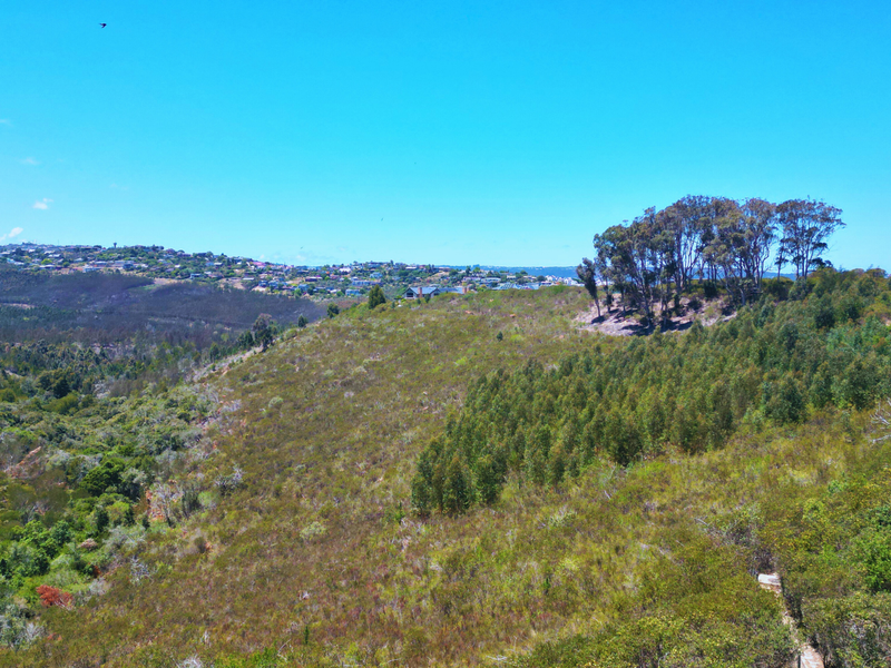 An aerial view of the vacant residential land, showcasing the natural sloped terrain, native vegetation, and surrounding landscape.