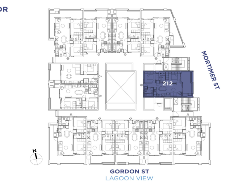 Architectural floor plan showing the layout of the second floor, highlighting unit 212 within the apartment complex.