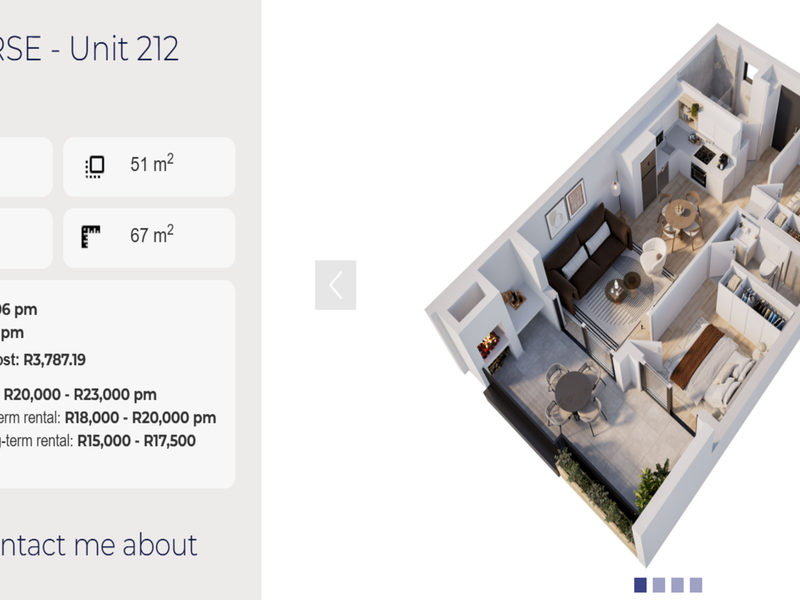 A 3D floor plan rendering of a two-bedroom apartment unit, showcasing the layout, balcony, and interior configuration.