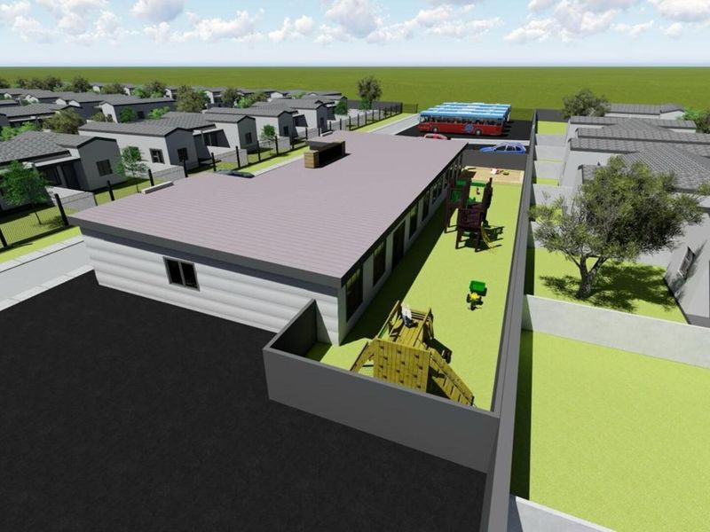 An aerial 3D render showing a residential property layout featuring a private backyard with playground equipment and surrounding neighborhood infrastructure.