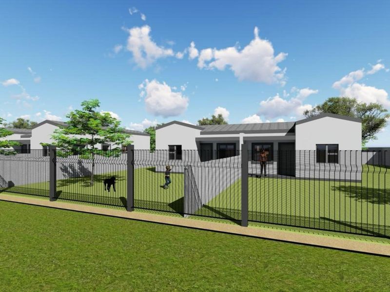 A digital rendering of a residential property featuring a modern single-story home with a gabled roof and secure perimeter fencing.
