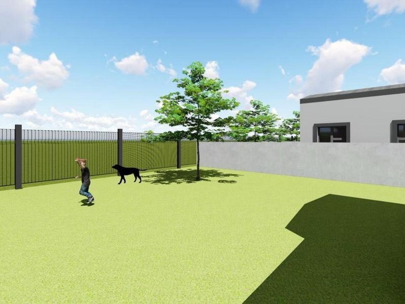 A digital rendering of a residential backyard featuring a lawn, perimeter fencing, and a boundary wall.
