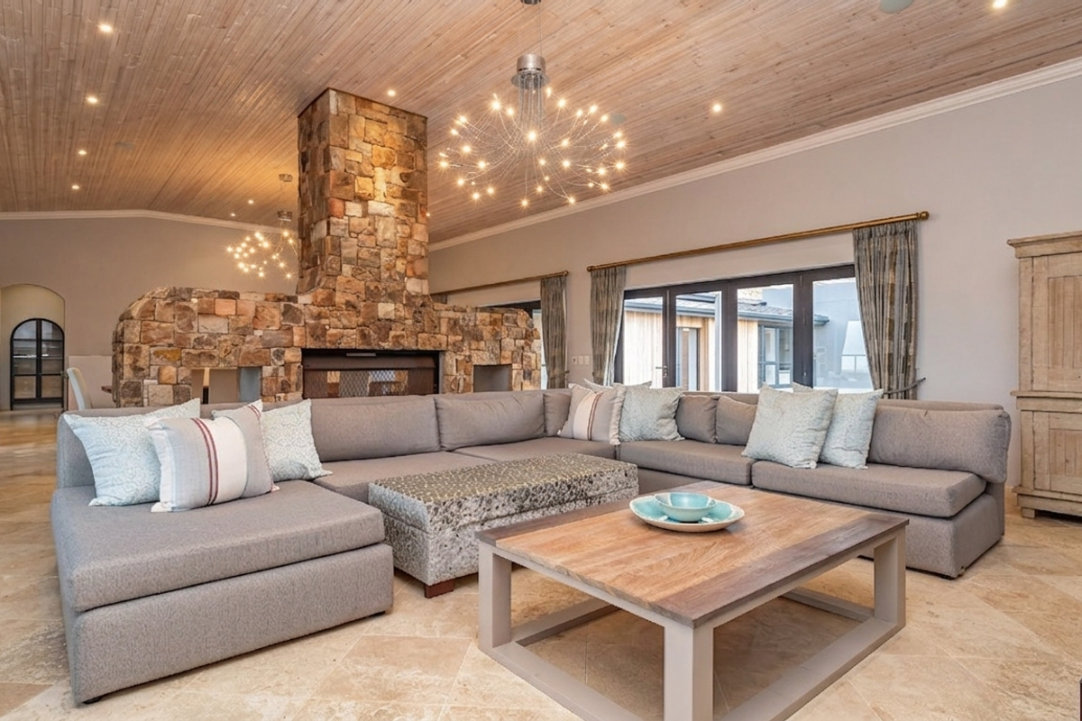Spacious living room featuring a prominent stone fireplace, elegant timber-clad ceiling, and high-quality travertine flooring with direct access to the exterior through french doors.