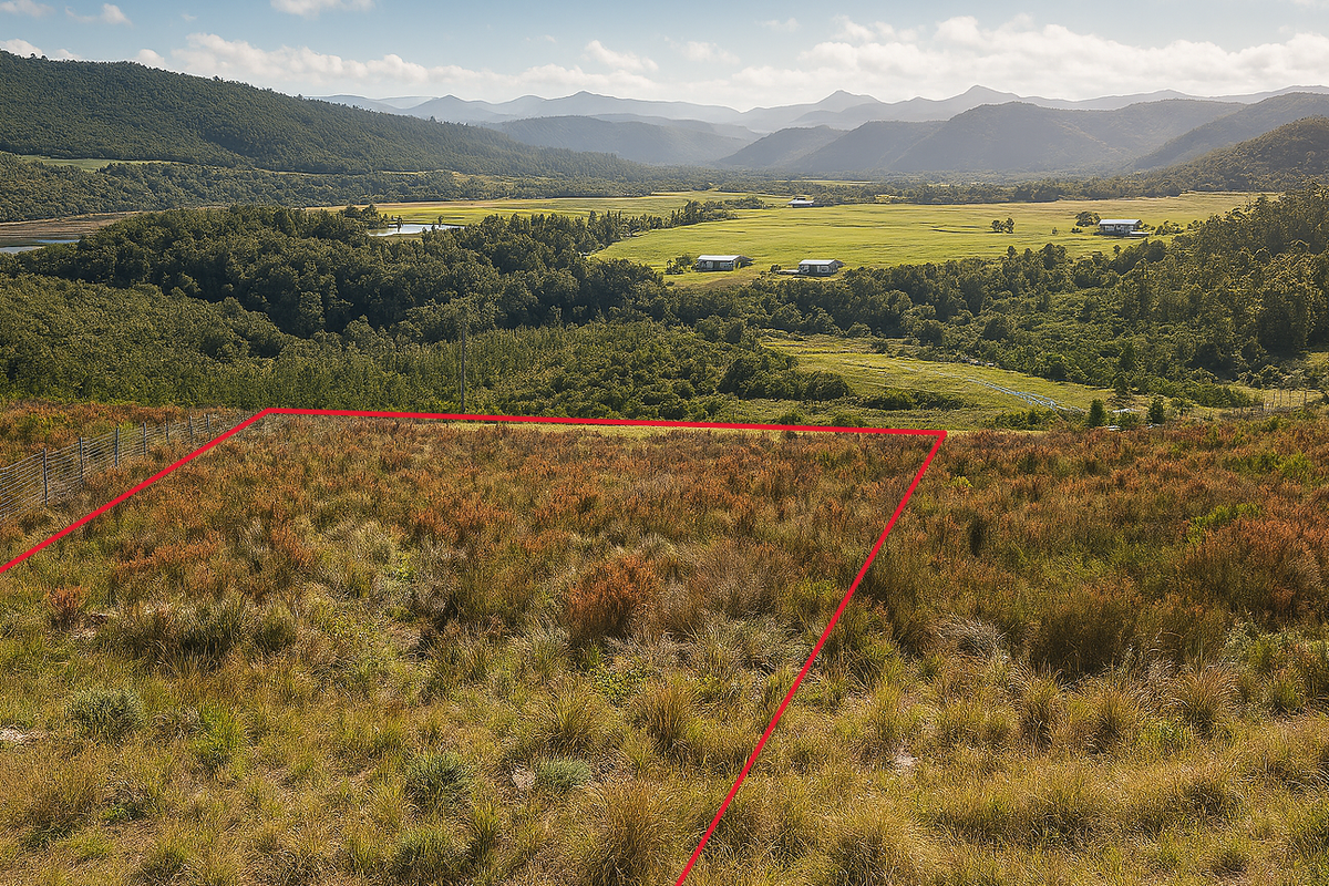 An aerial view of a vacant residential plot featuring natural vegetation and perimeter fencing, set against a scenic mountain and valley landscape.