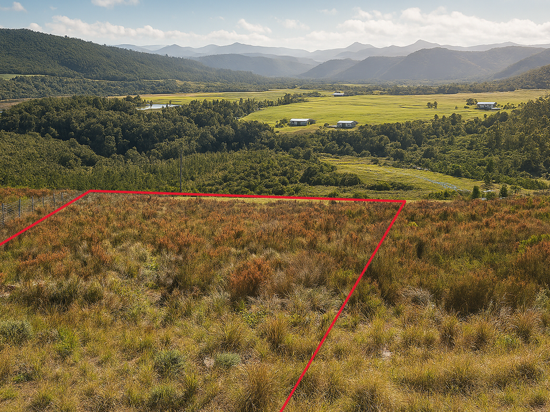 An aerial view of a vacant residential plot featuring natural vegetation and perimeter fencing, set against a scenic mountain and valley landscape.