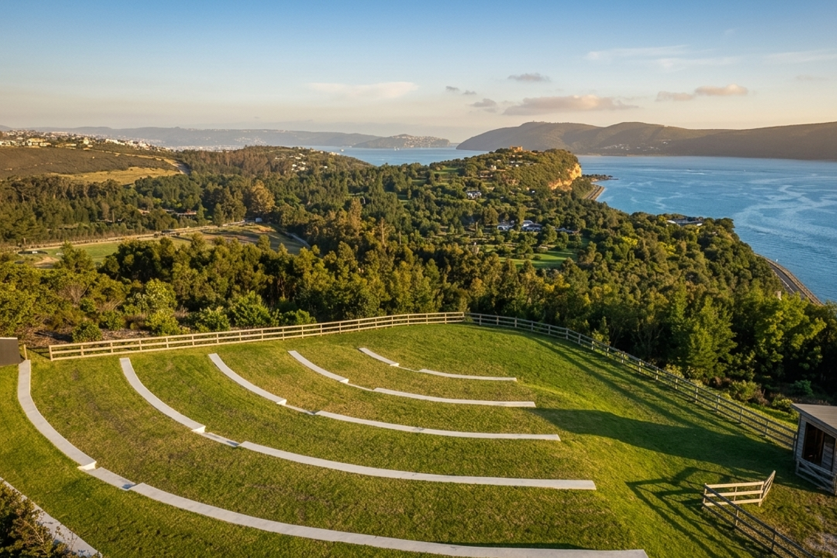 Elevated view of a landscaped outdoor amphitheater area featuring tiered concrete seating, timber fencing, and expansive coastal and forest scenery.