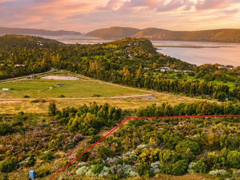 An aerial view of a vacant residential plot featuring natural vegetation, with a scenic landscape and water view in the background.