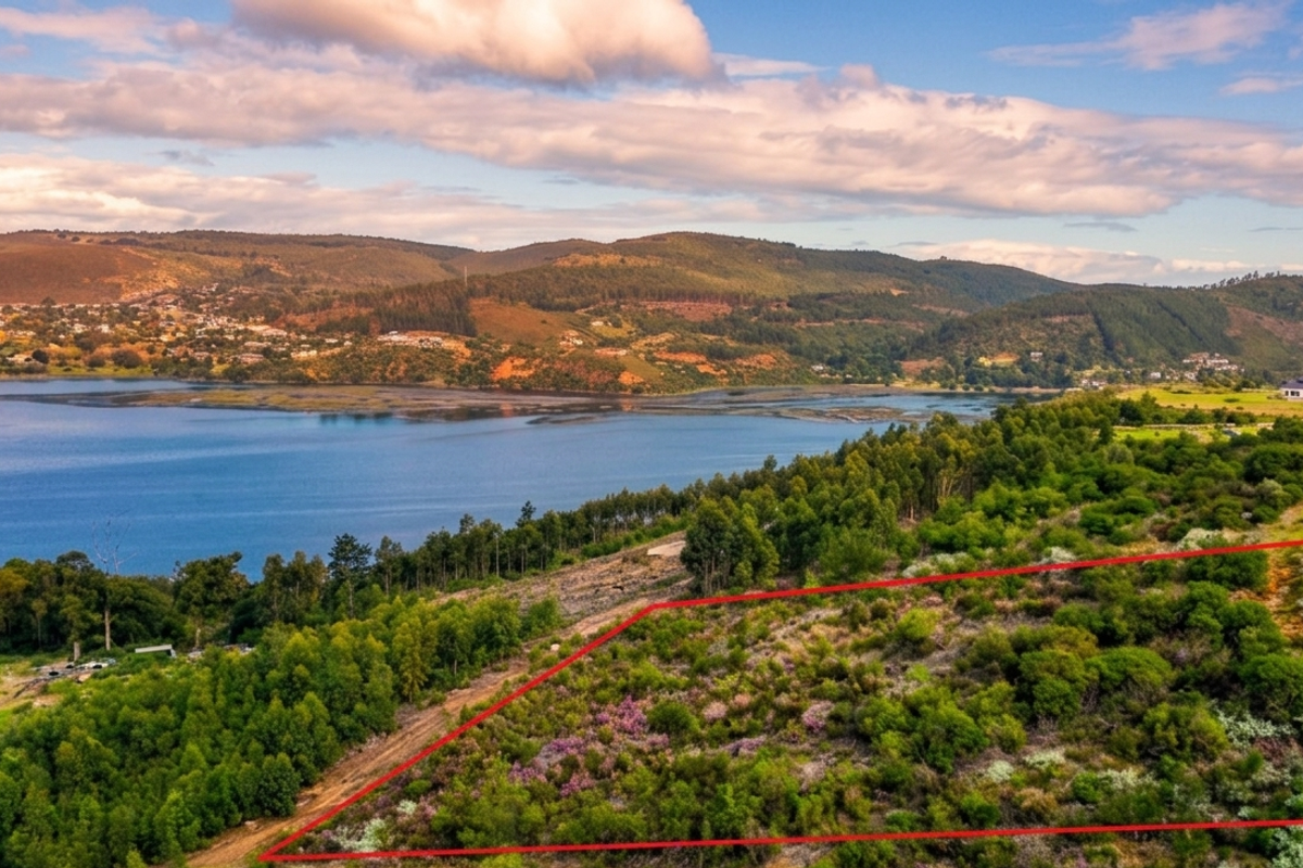 An aerial view of a vacant residential plot featuring natural vegetation and scenic views of the surrounding landscape and water.