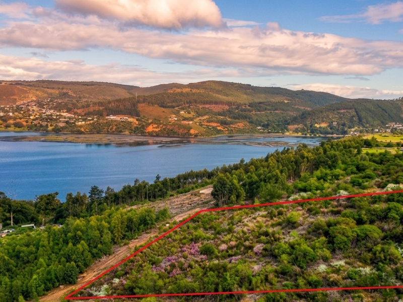 An aerial view of a vacant residential plot featuring natural vegetation and scenic views of the surrounding landscape and water.
