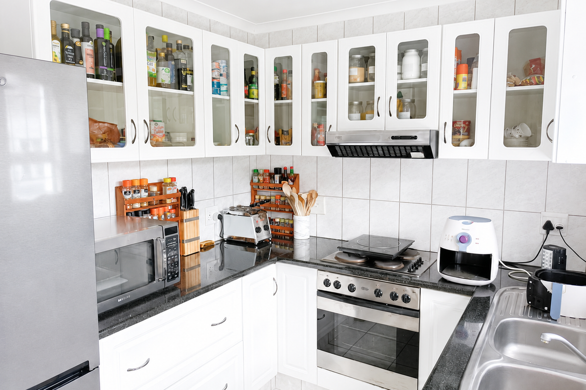A functional kitchen featuring white cabinetry, granite countertops, a built-in oven with hob, extractor fan, and a double bowl stainless steel sink.