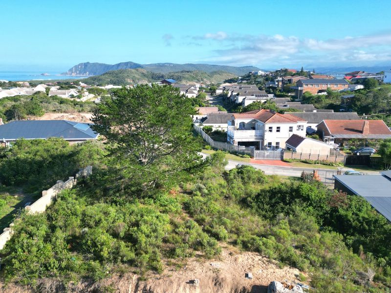 Aerial view of a vacant residential plot featuring natural vegetation and boundary walls, situated in a developed coastal neighborhood.