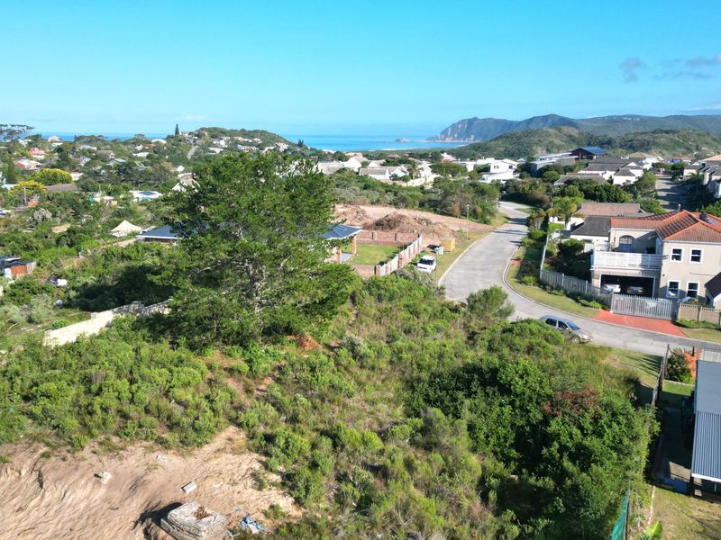 Aerial view of a vacant residential plot featuring coastal vegetation, situated in a developed neighborhood with road access and distant ocean views.