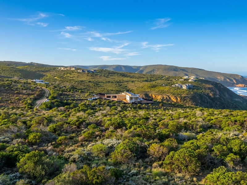 An aerial view of a coastal residential land parcel featuring native vegetation, rolling hills, and proximity to the ocean.