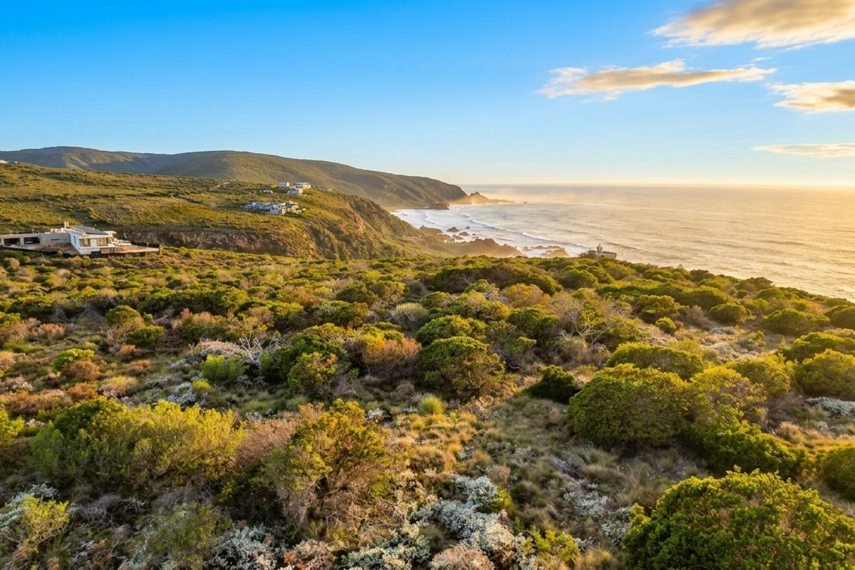 A scenic aerial view of the coastal landscape featuring native vegetation and an expansive ocean horizon at sunset.