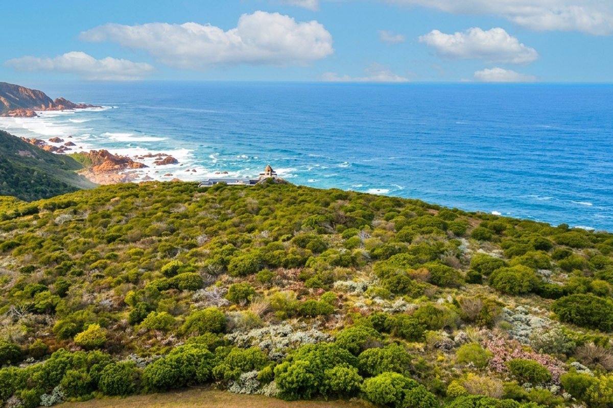 An aerial view of a coastal residential plot featuring expansive native vegetation and direct ocean views.