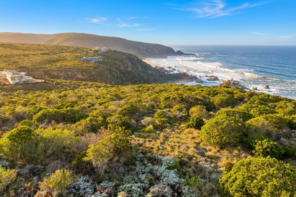 An aerial view of the coastal residential land, showcasing the natural landscape, surrounding vegetation, and proximity to the ocean.