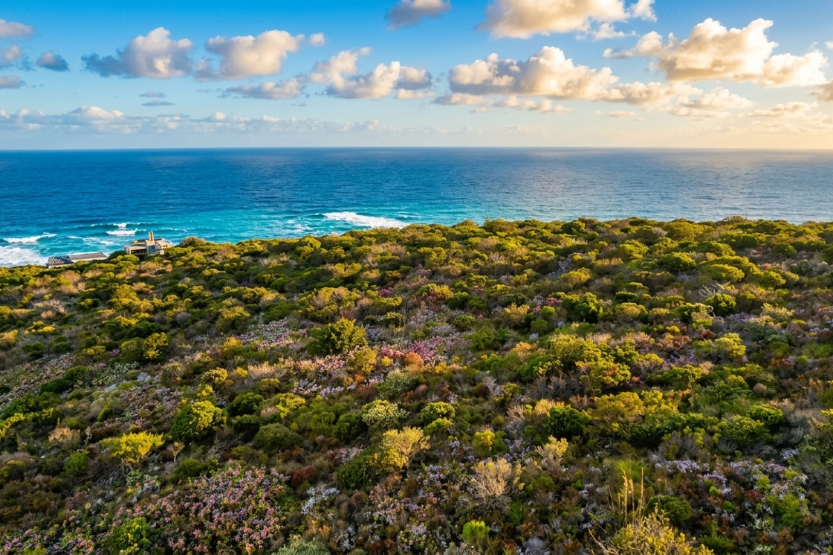 An aerial view of a vacant residential plot featuring lush coastal vegetation and direct ocean frontage.