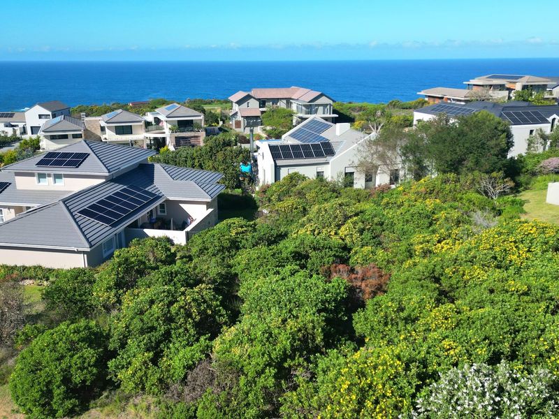 An aerial view of a residential estate featuring lush vegetation and proximity to the coastline.