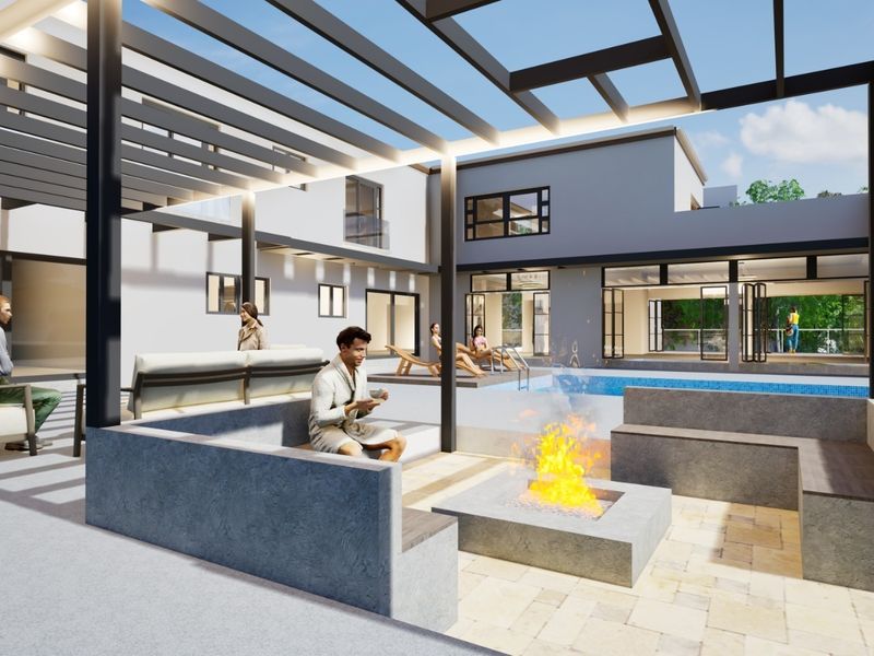 A modern outdoor patio area featuring a pergola, built-in concrete fire pit with integrated seating, and a swimming pool.