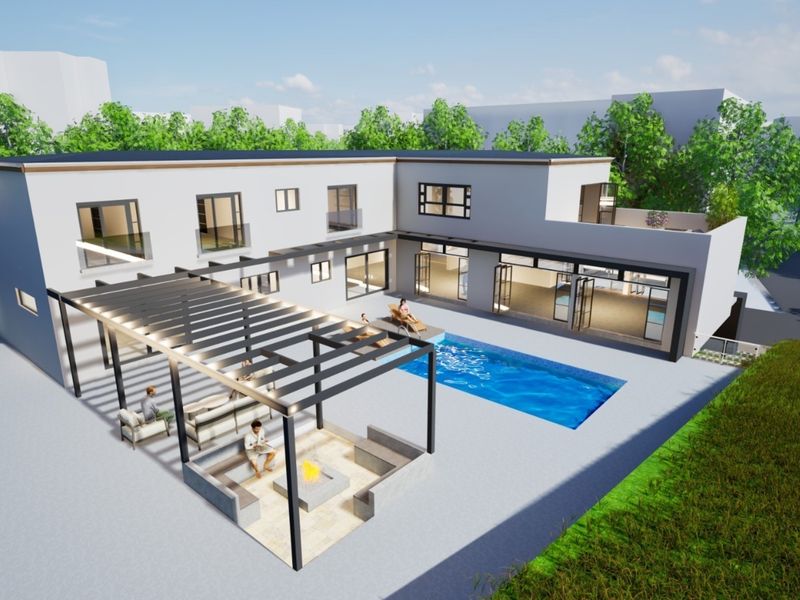 An aerial perspective of a modern residential property featuring a swimming pool, a covered pergola with a built-in fire pit, and expansive bi-fold doors.