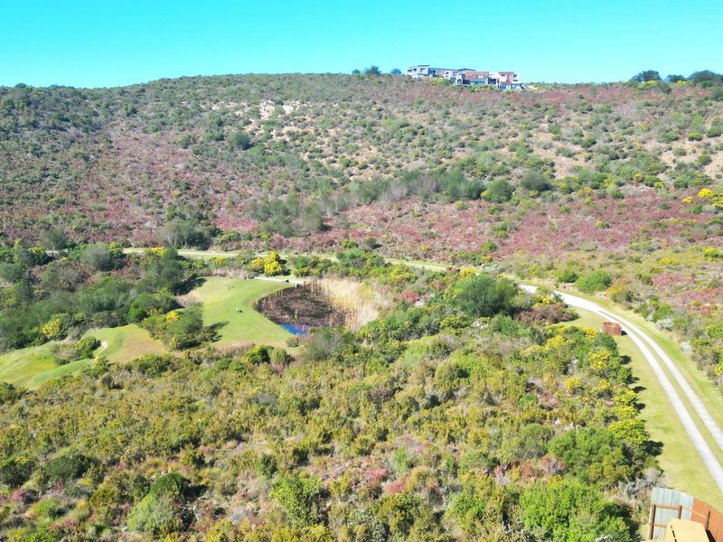 An aerial view of a vacant residential plot featuring natural indigenous vegetation, a small pond, and an established gravel access road.