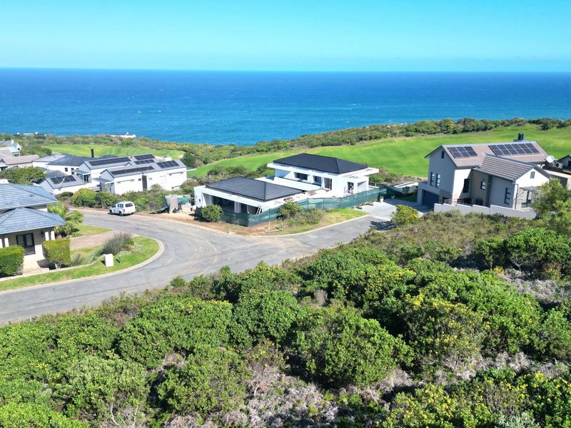 Aerial view of a coastal residential estate featuring modern homes with solar panels, paved roads, and expansive ocean views.