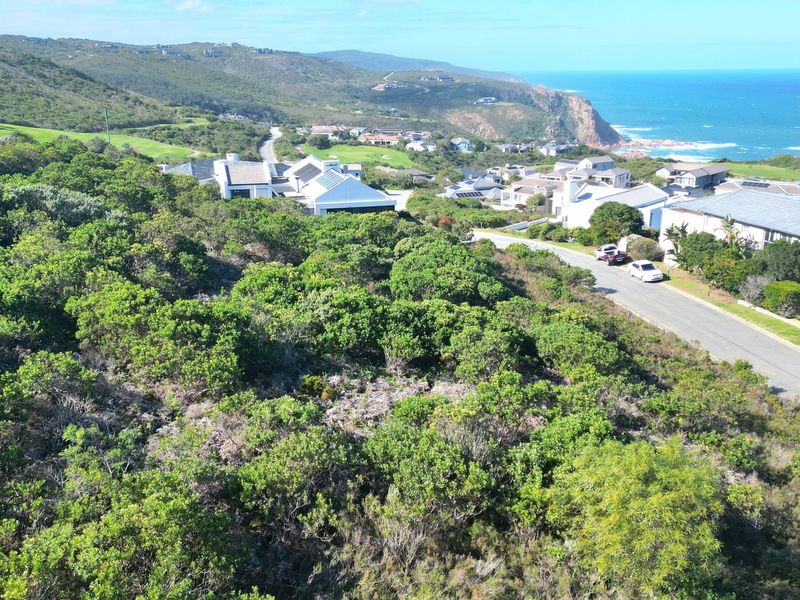 An aerial view of a vacant residential plot situated within a coastal estate, featuring surrounding vegetation and proximity to the ocean.