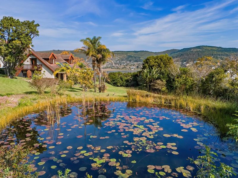 A scenic view of the lodge exterior featuring a tranquil lily pond, expansive landscaped gardens, and mountain vistas in the background.