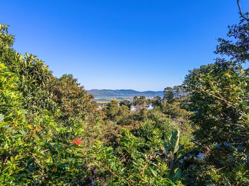 A scenic elevated view overlooking lush greenery, surrounding hills, and a distant coastal landscape under a clear blue sky.