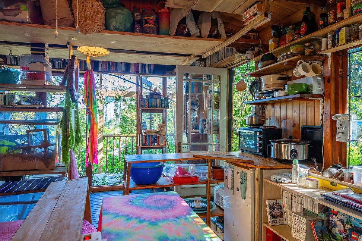 A rustic kitchen area featuring timber wall cladding, open shelving, and direct access to an outdoor deck through a glass-paned door.