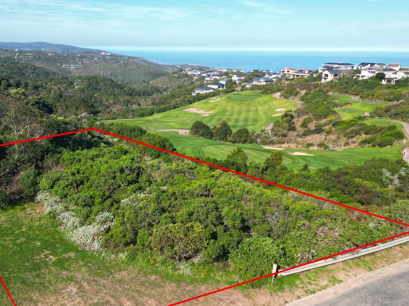 An aerial view of a vacant residential plot featuring natural vegetation, with scenic views of the surrounding golf course and coastline.