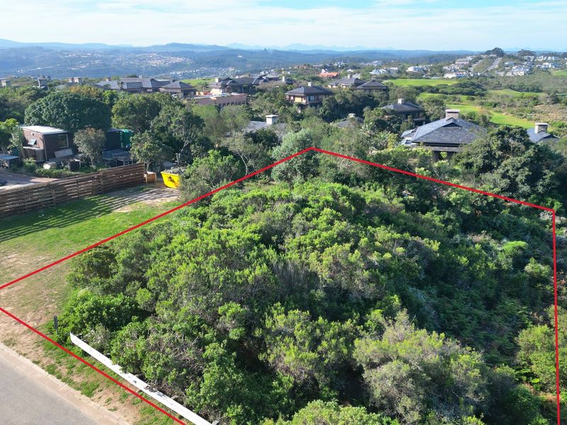 An aerial view of a vacant residential plot featuring dense natural vegetation, situated within a developed estate with surrounding homes.