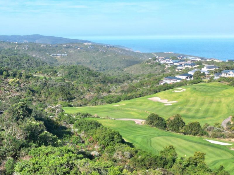 An elevated aerial view showcasing a scenic golf course integrated into a lush coastal landscape with ocean views in the distance.