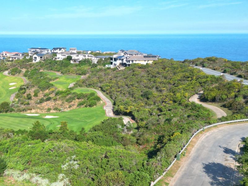 Aerial view of a residential vacant land plot situated within a coastal golf estate, featuring established vegetation and proximity to the ocean.