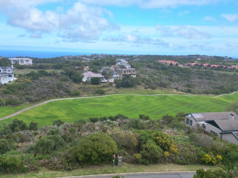 An elevated aerial view of a residential estate featuring green golf course fairways, surrounding vegetation, and distant coastal scenery.