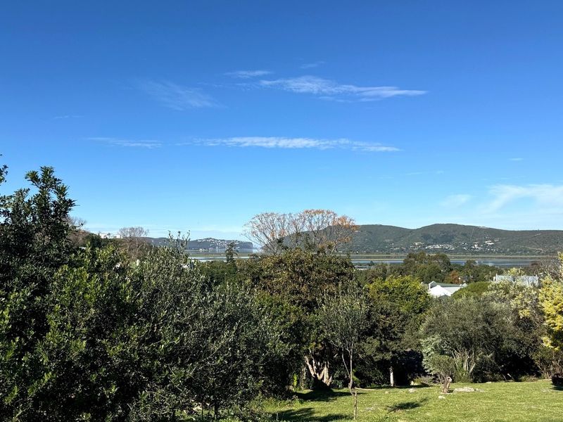 A scenic elevated view overlooking a lush garden with distant hills and a water body in the background.