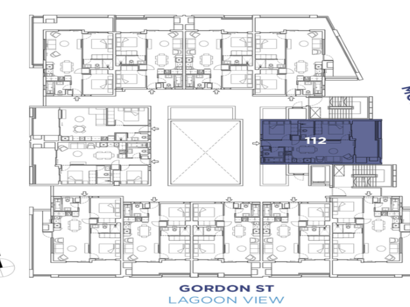 Architectural floor plan showing the layout of the apartment complex with unit 112 highlighted.