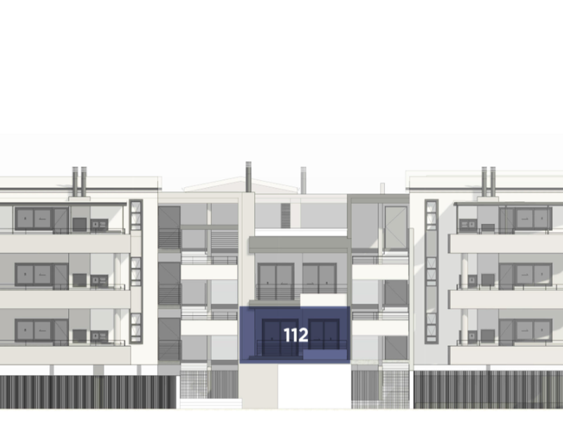 Architectural elevation drawing of the apartment building complex, highlighting the position of unit 112 on the east-facing facade.