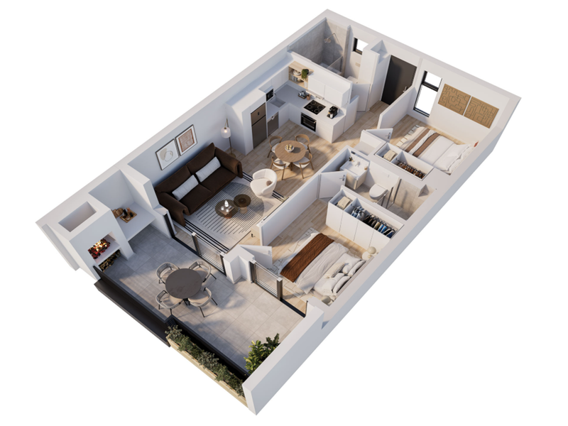 A 3D floor plan rendering of a modern apartment layout featuring an open-plan living area, kitchen, two bedrooms, and a balcony.