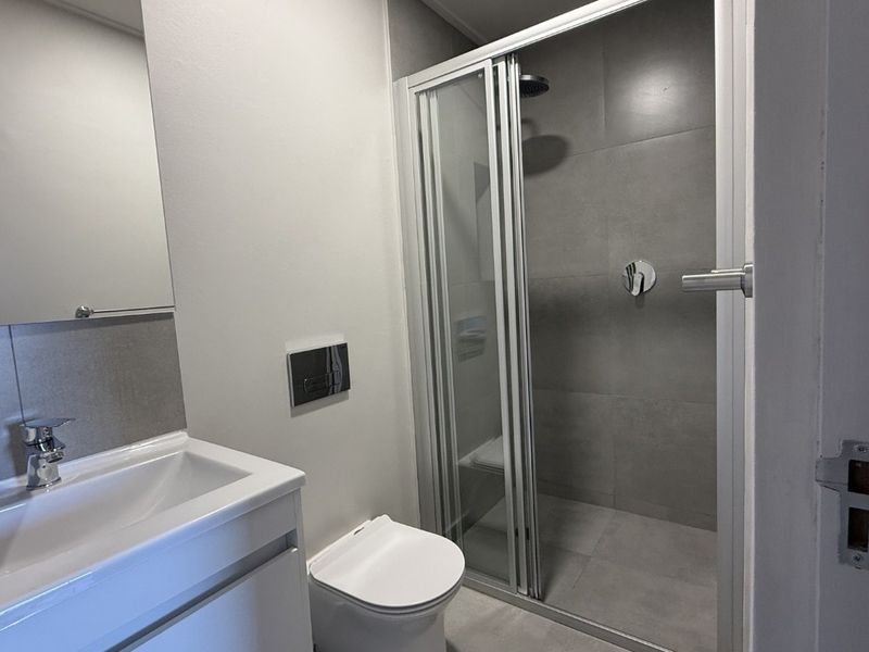 A modern, well-maintained bathroom featuring a sleek vanity, wall-hung toilet with concealed cistern, and a spacious walk-in shower with contemporary grey tiling.