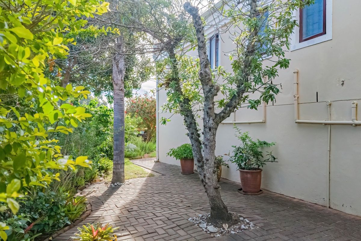 A paved side path leading along the rear exterior wall of the house, featuring mature trees and established garden landscaping.