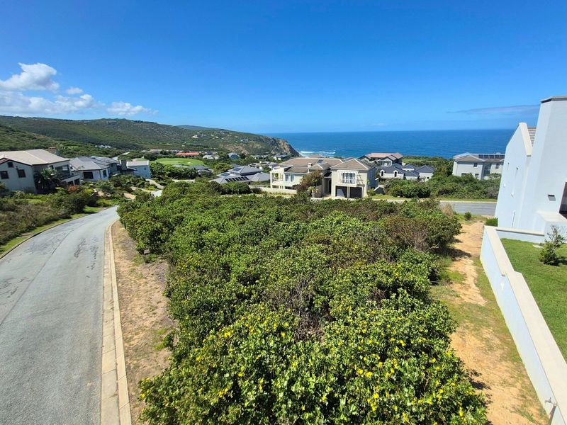 A scenic elevated view overlooking a coastal residential estate, featuring lush greenery, paved roads, and a clear ocean horizon.