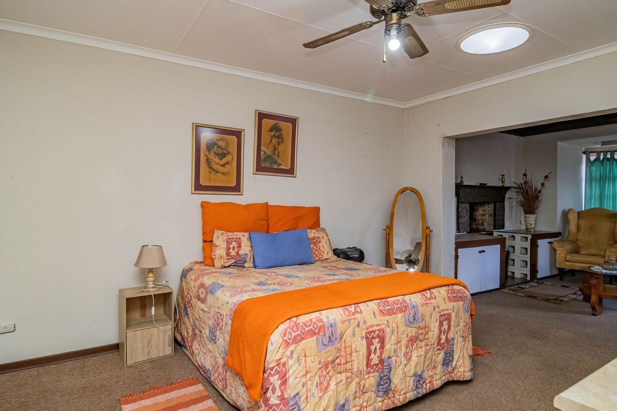 Spacious bedroom featuring a ceiling fan, skylight, and built-in storage, with an adjoining sitting area that includes a traditional fireplace.