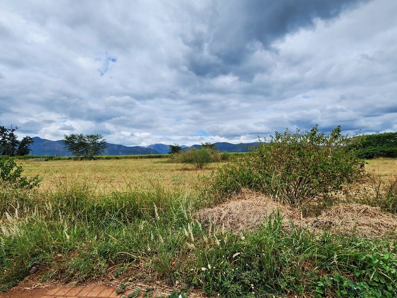 A wide-angle view of open, undeveloped commercial land featuring natural vegetation and scenic mountain vistas in the background.