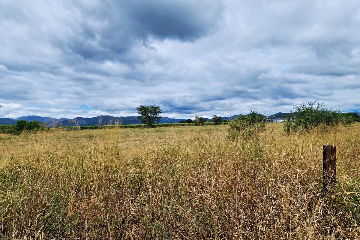A wide-angle view of the vacant commercial land featuring natural grass coverage and distant mountain scenery.