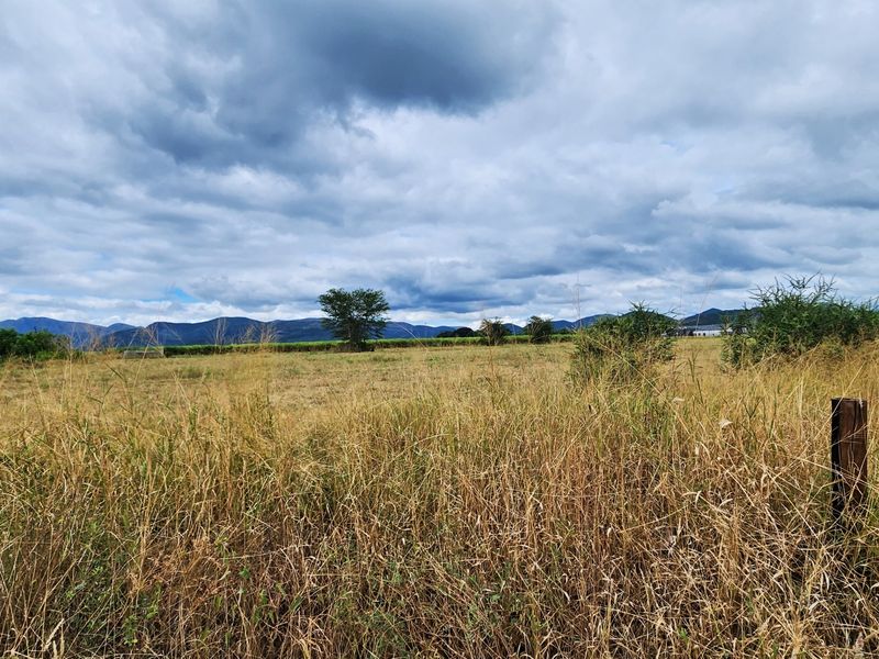 A wide-angle view of the vacant commercial land featuring natural grass coverage and distant mountain scenery.
