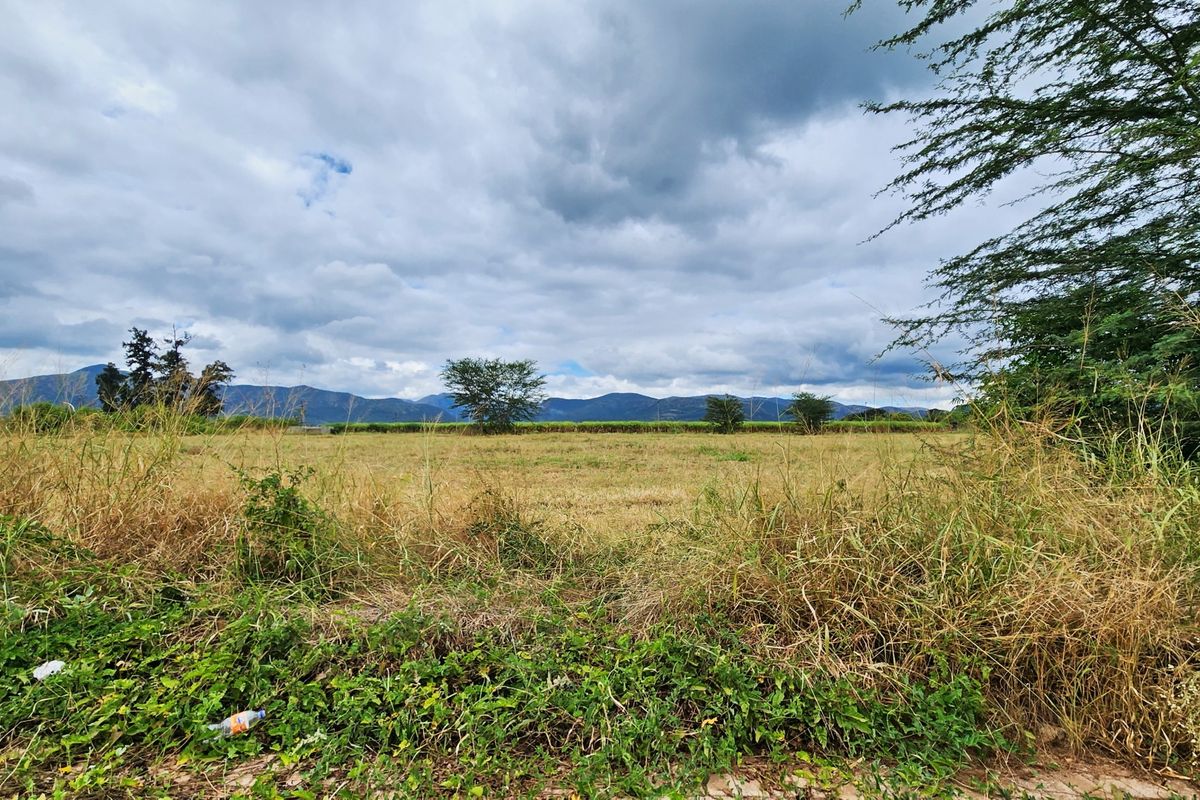A wide-angle view of an expansive vacant commercial plot featuring natural vegetation and scenic mountain views in the background.