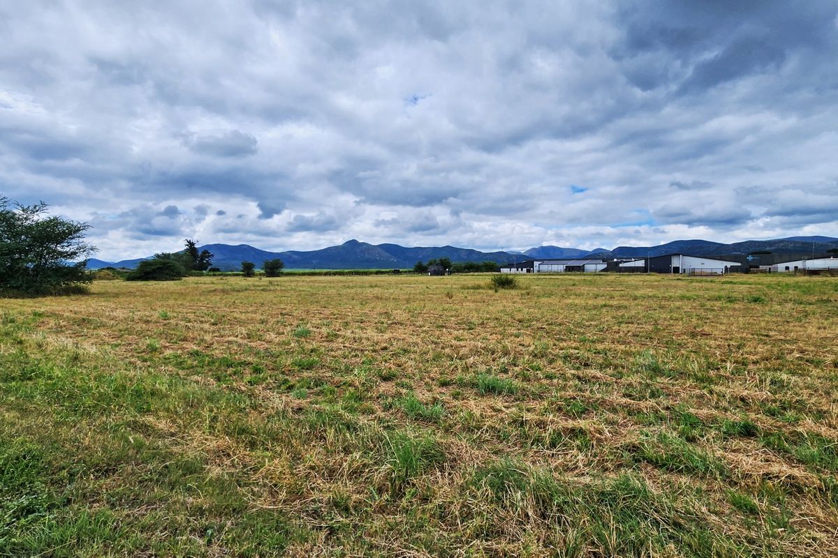 A wide-angle view of the vacant commercial land featuring expansive open fields with a scenic mountain range backdrop.
