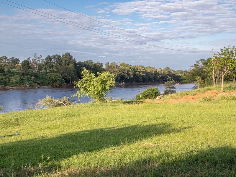 A scenic view of a riverfront residential plot featuring lush green grass and mature trees along the riverbank.
